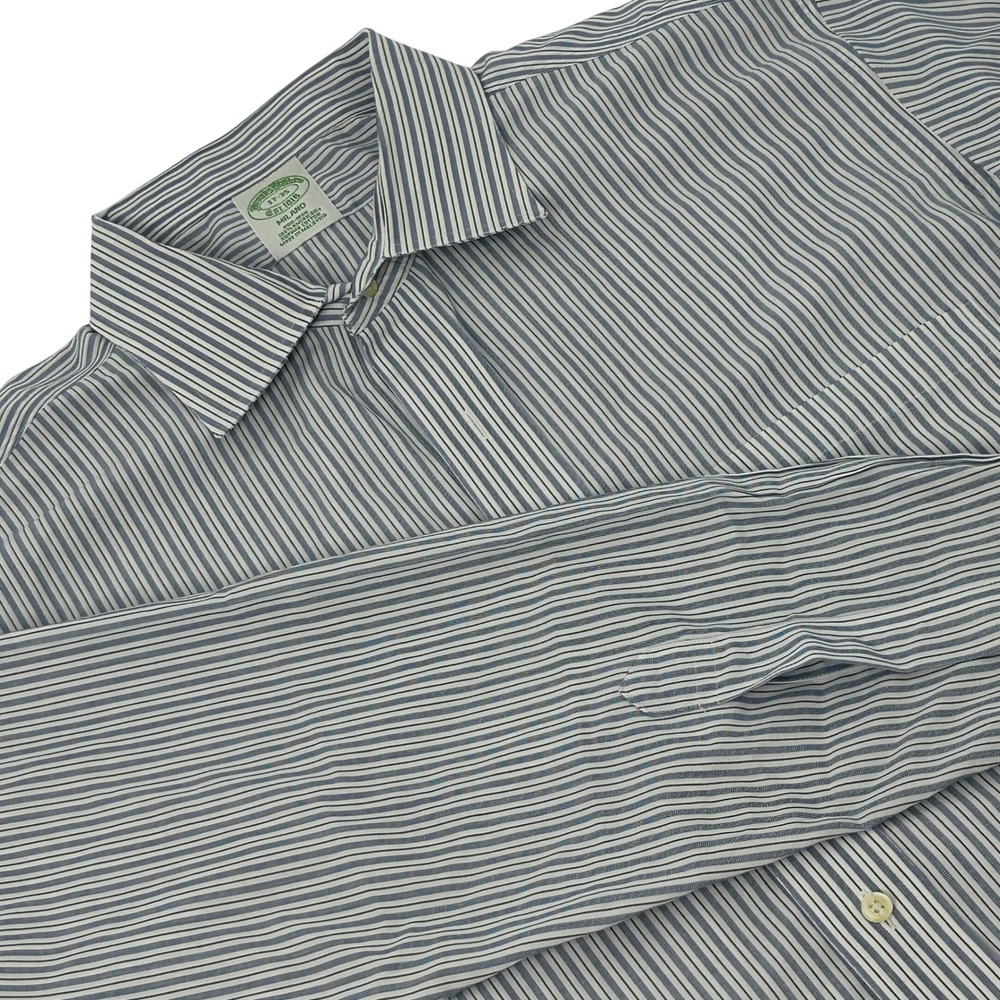 Brooks Brothers Milano Shirt Men 17-35 Blue White Striped Non-Iron Supima Cotton